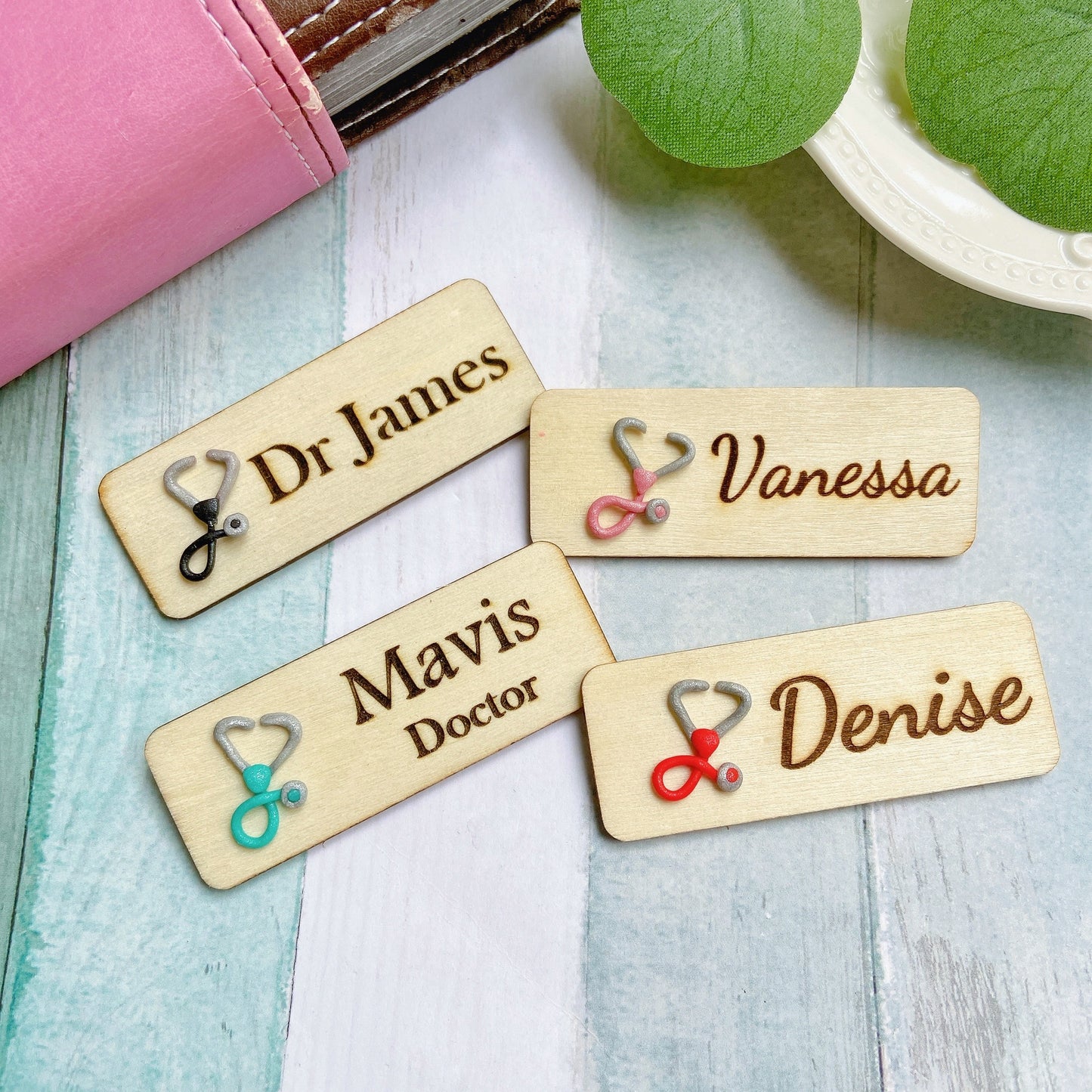 Stethoscope Personalized 3D Wooden Name Tag Badge - Red