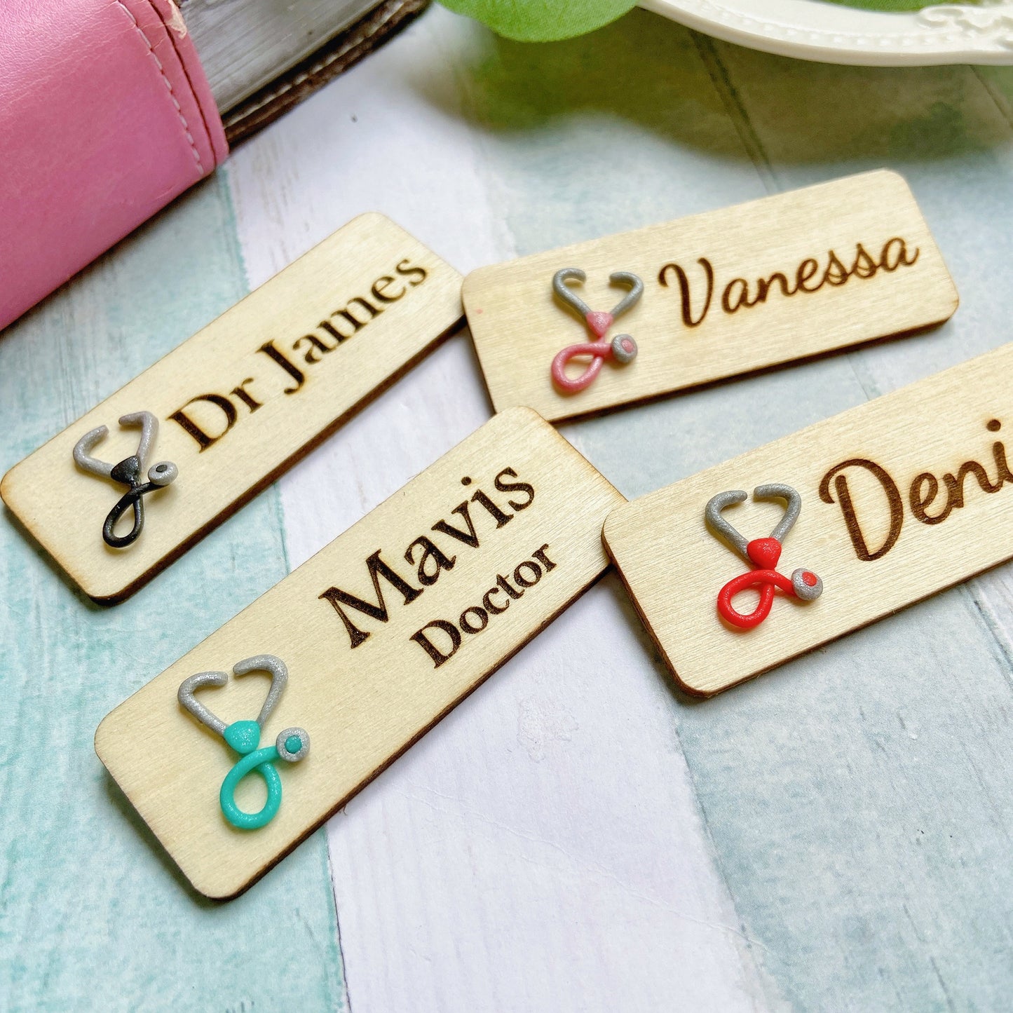 Stethoscope Personalized 3D Wooden Name Tag Badge - Red