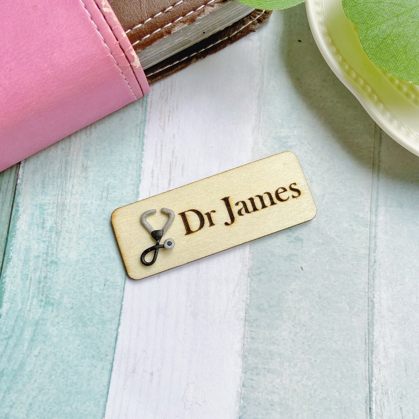 Stethoscope Personalized 3D Wooden Name Tag Badge - Teal