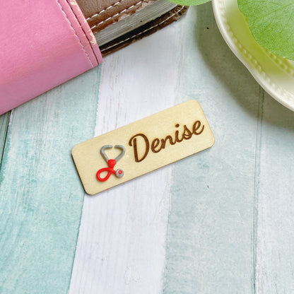 Stethoscope Personalized 3D Wooden Name Tag Badge - Red