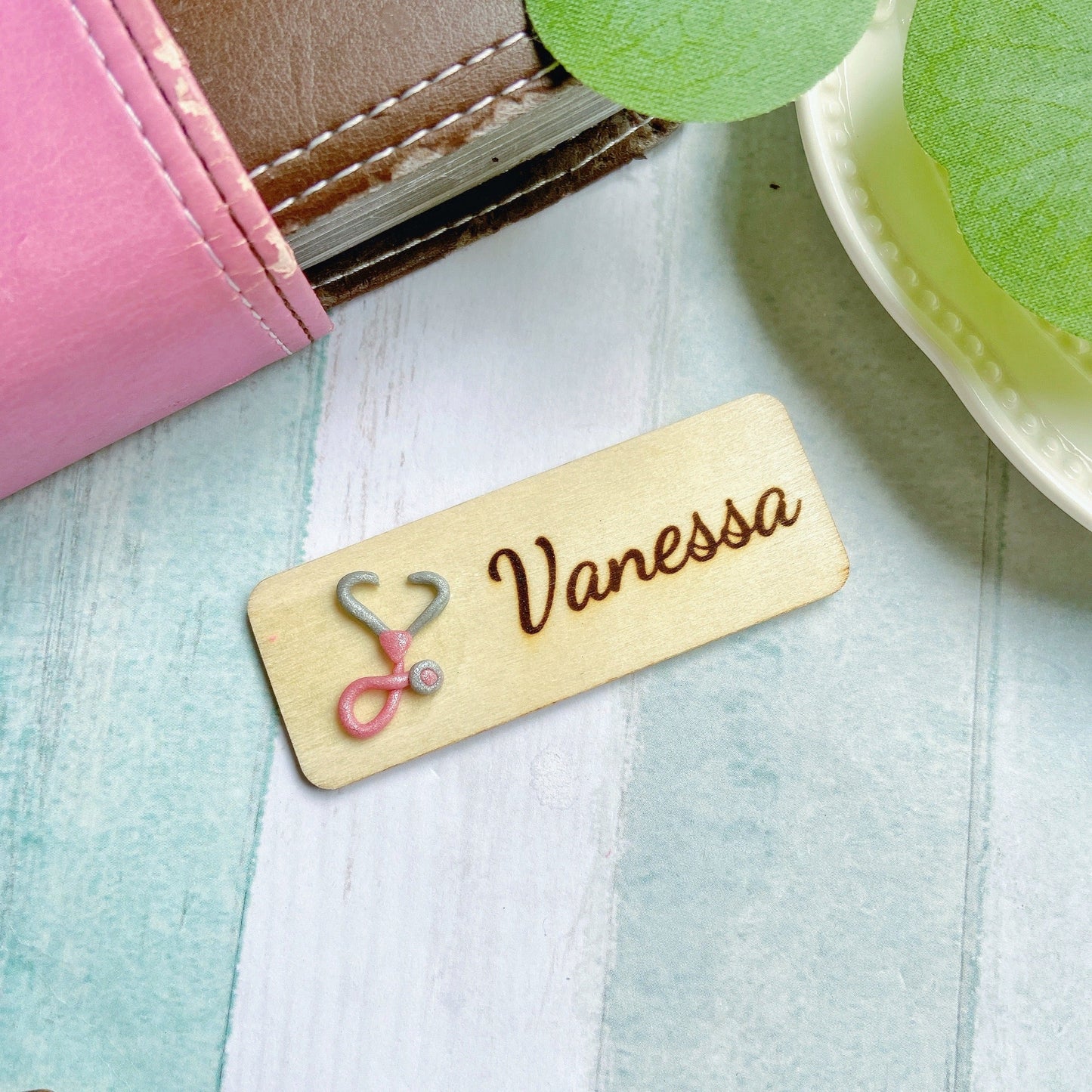 Stethoscope Personalized 3D Wooden Name Tag Badge - Teal