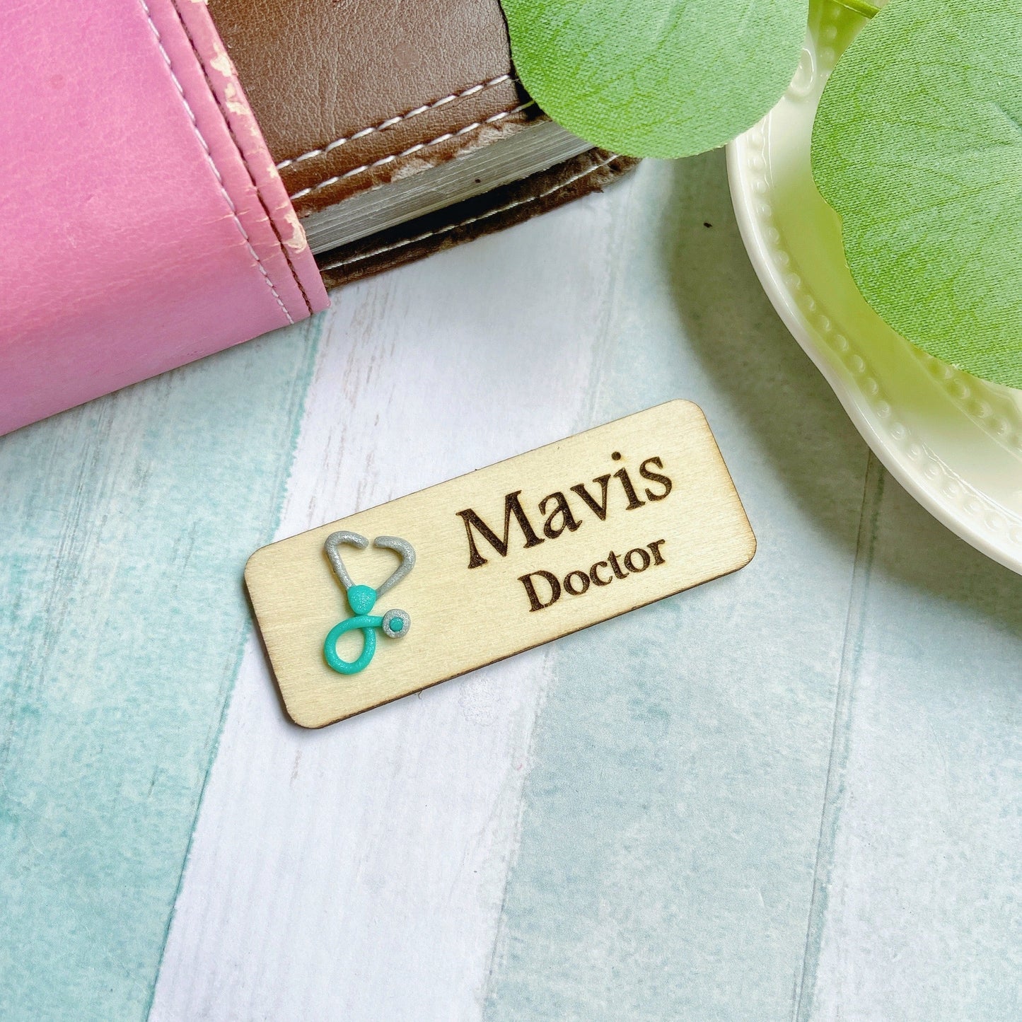 Stethoscope Personalized 3D Wooden Name Tag Badge - Pink