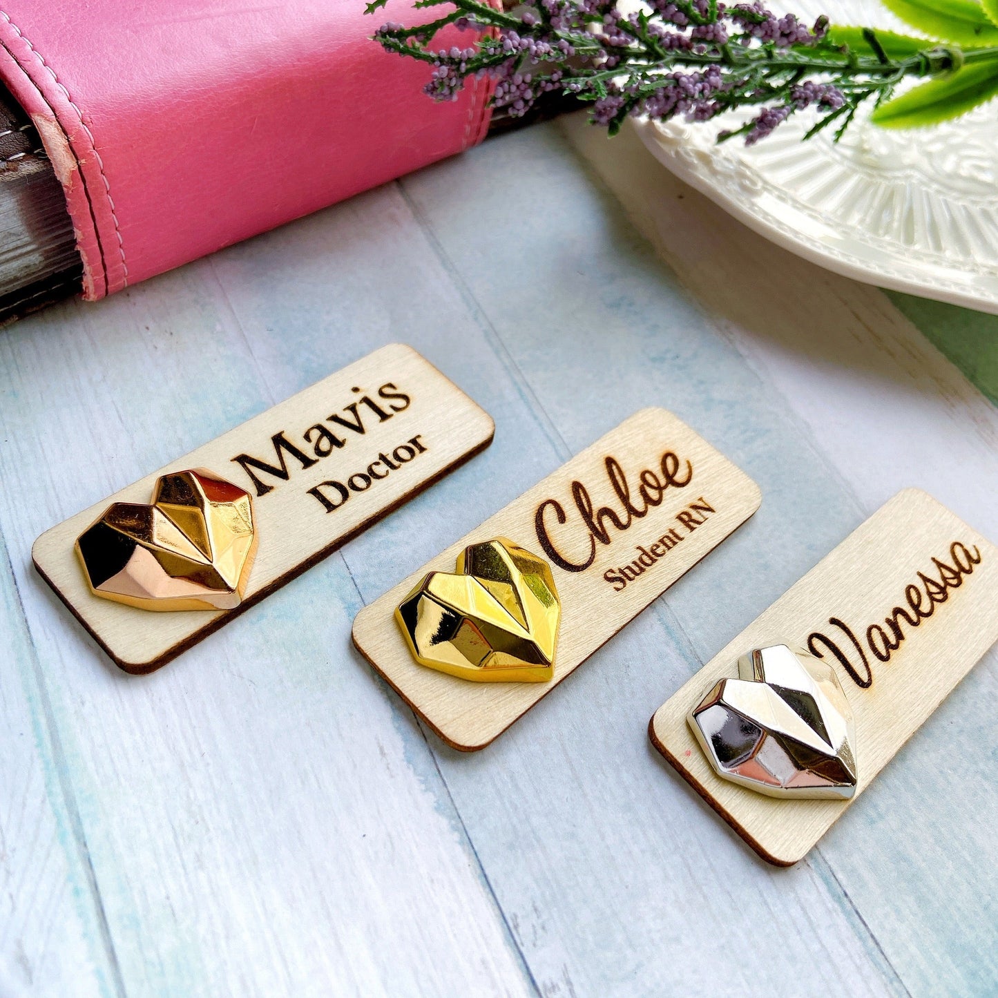 3D Metallic Diamond Heart Name Tag Badge - Rose Gold