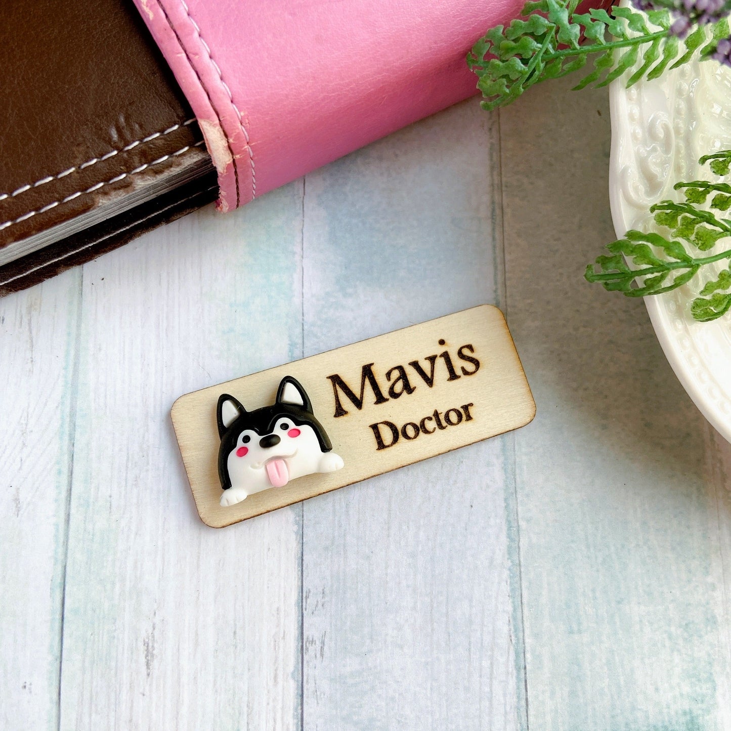 Adorable Dog Personalized Name Tag Badge - Yellow with Red Eye