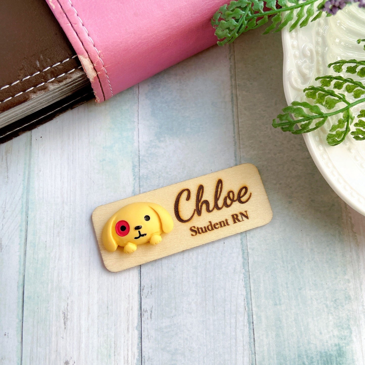 Adorable Dog Personalized Name Tag Badge - Yellow with Red Eye