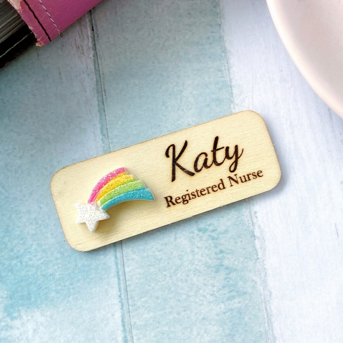 Rainbow Star 3D Personalized Wooden Name Tag Badge