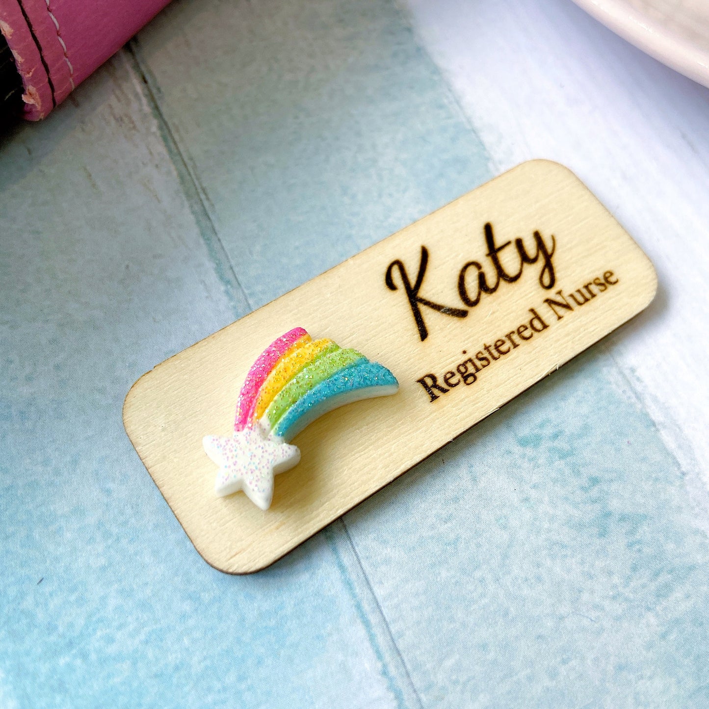 Rainbow Star 3D Personalized Wooden Name Tag Badge