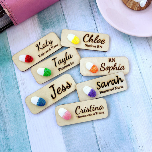 Handmade Glitter 3D Pill Personalized Name Tag Badge - Red