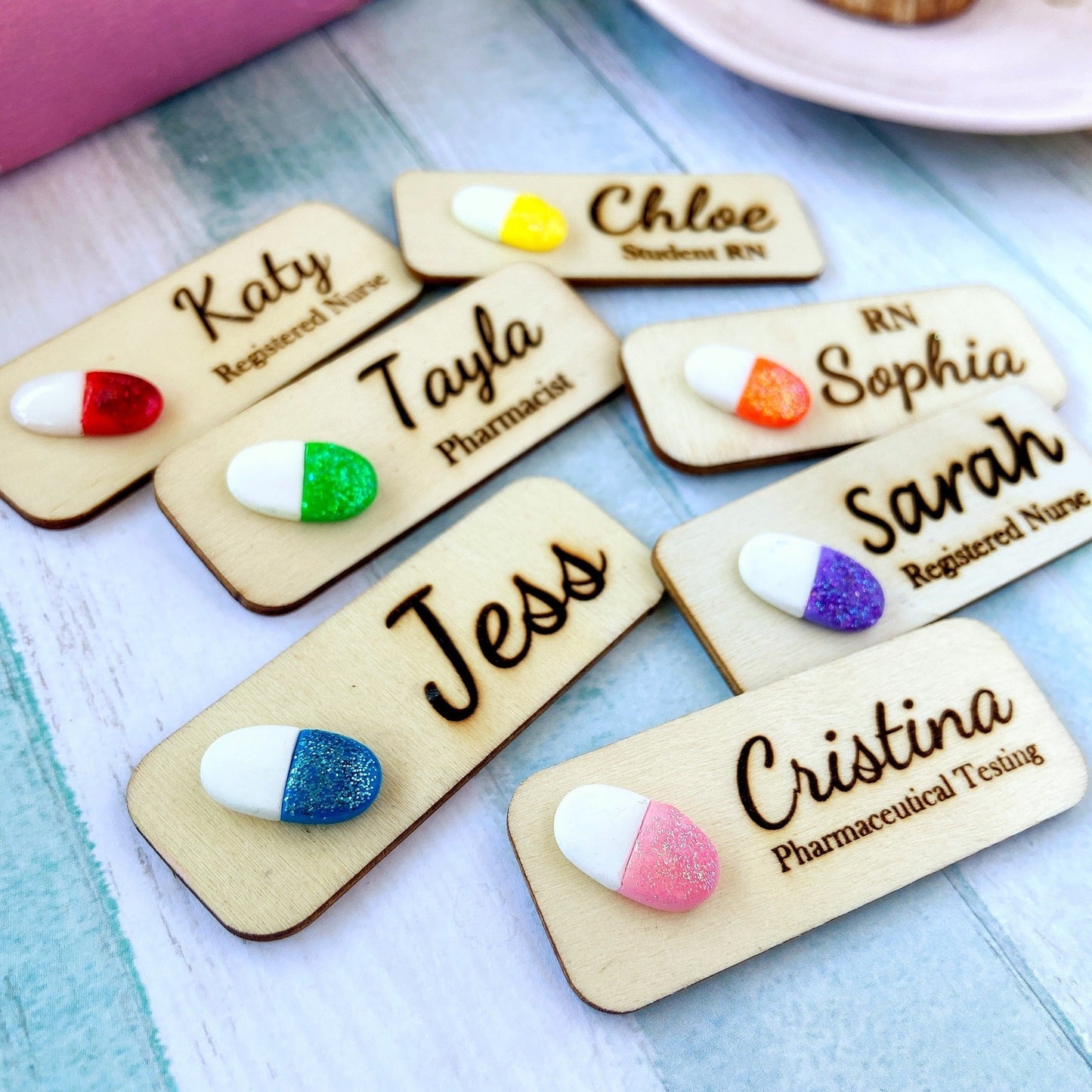 Handmade Glitter 3D Pill Personalized Name Tag Badge - Orange