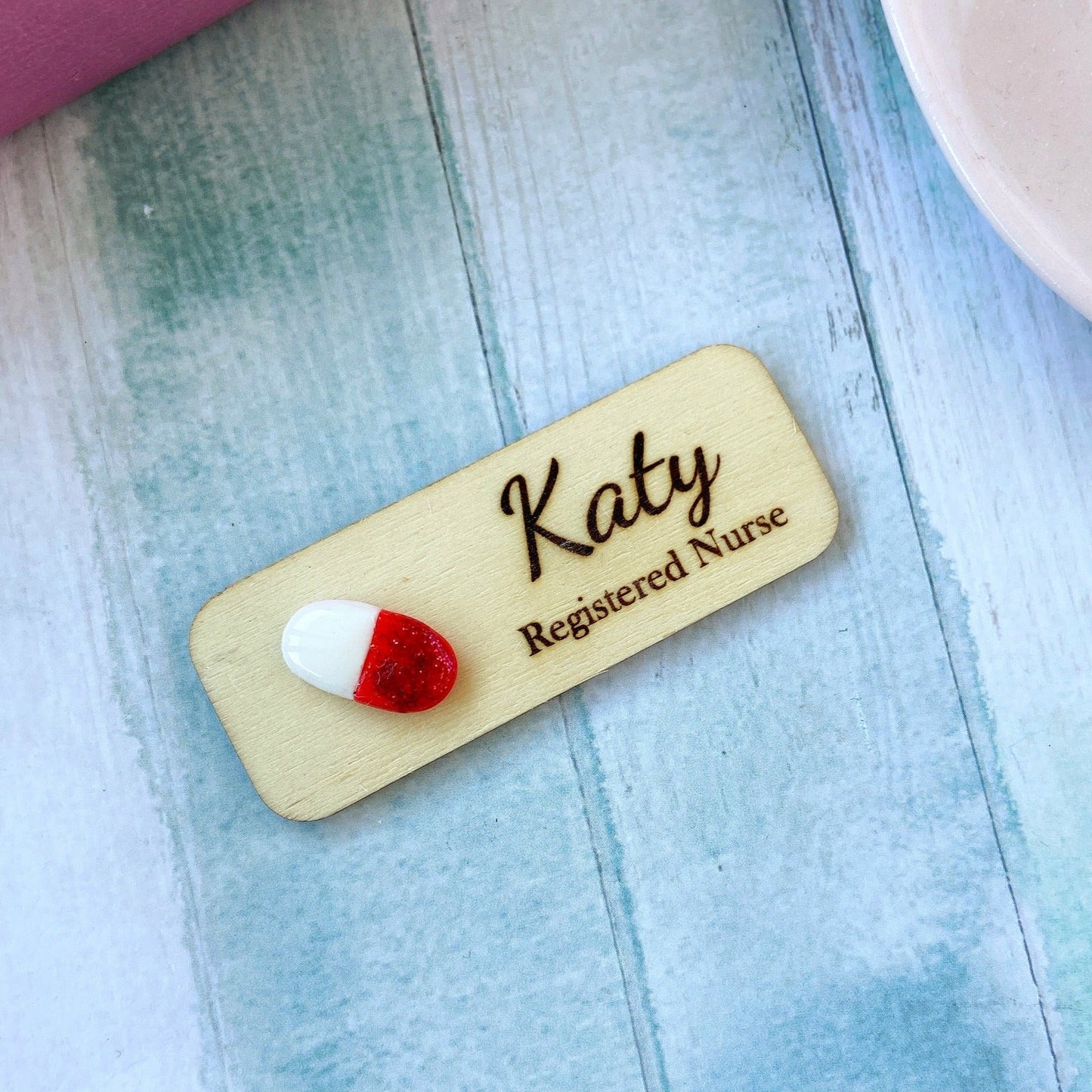 Handmade Glitter 3D Pill Personalized Name Tag Badge - Pink