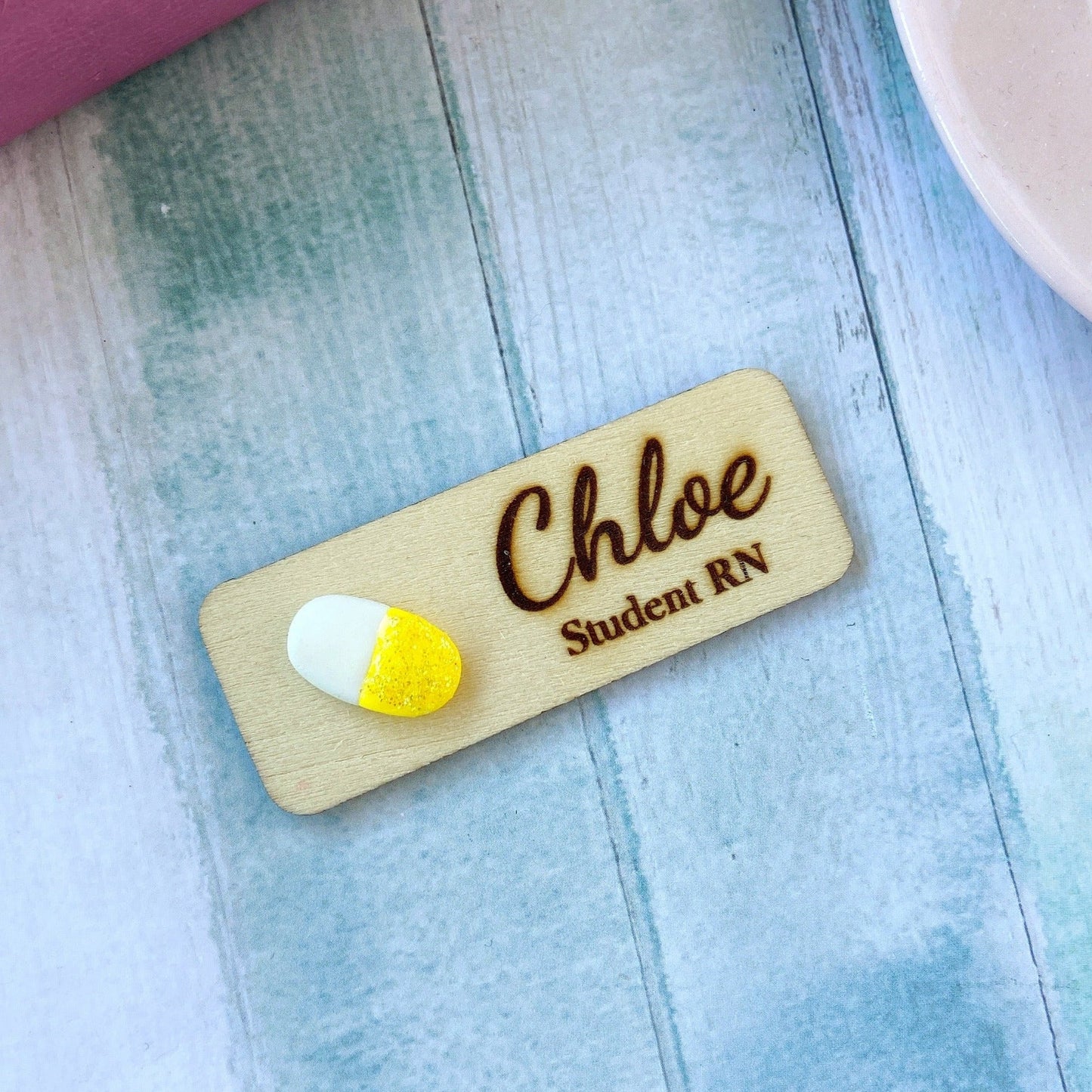 Handmade Glitter 3D Pill Personalized Name Tag Badge - Orange