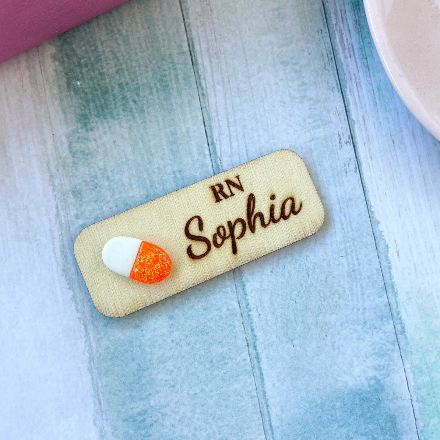 Handmade Glitter 3D Pill Personalized Name Tag Badge - Pink