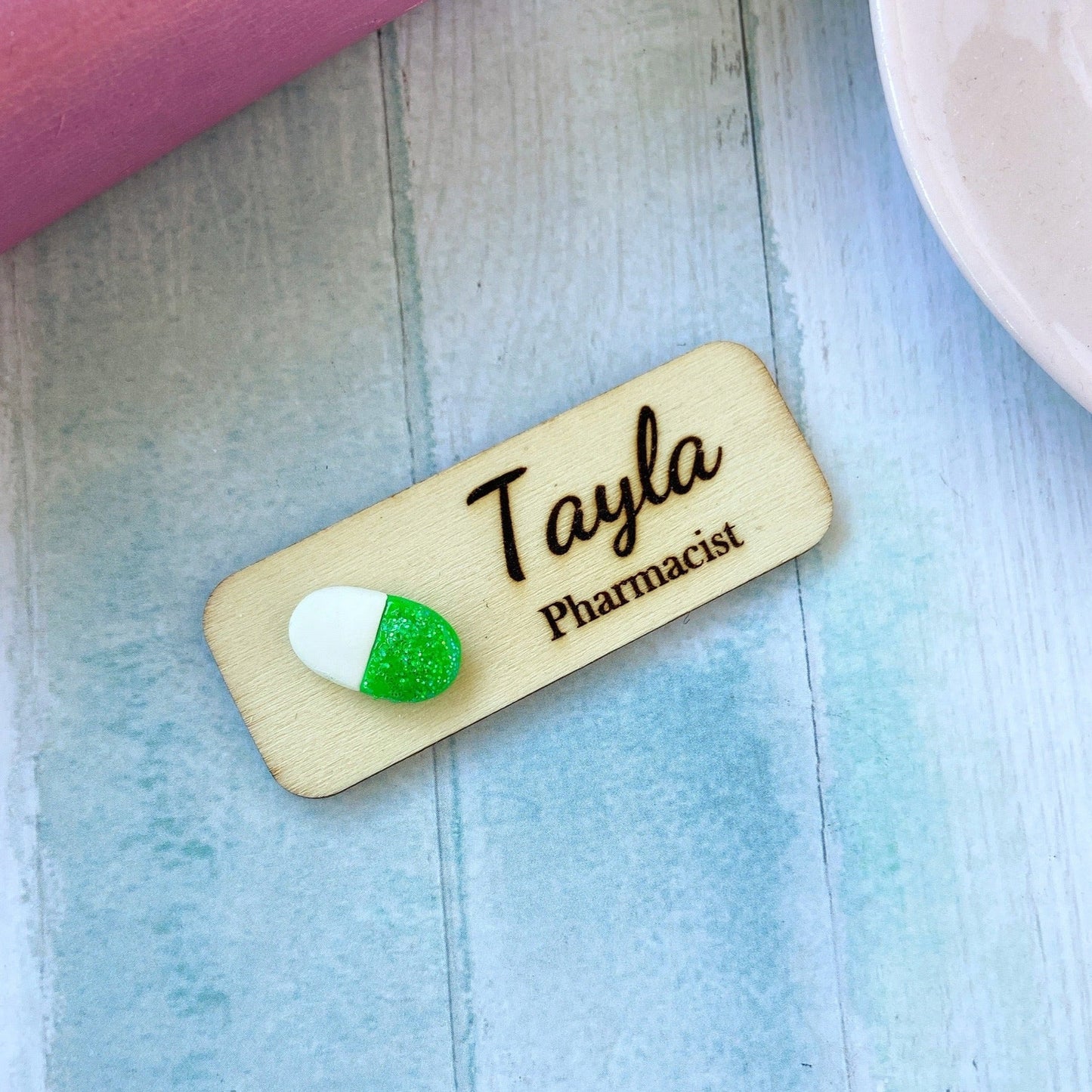 Handmade Glitter 3D Pill Personalized Name Tag Badge - Orange