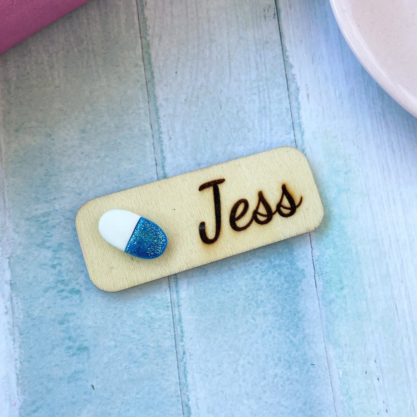 Handmade Glitter 3D Pill Personalized Name Tag Badge - Orange