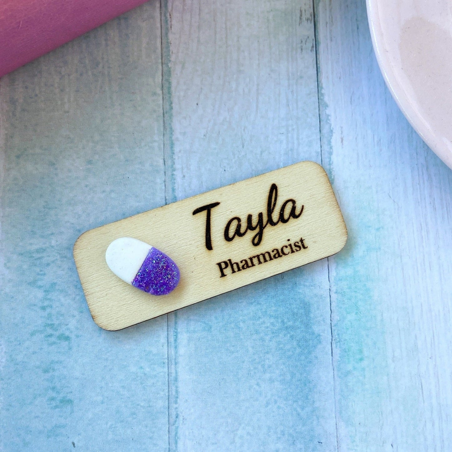 Handmade Glitter 3D Pill Personalized Name Tag Badge - Orange