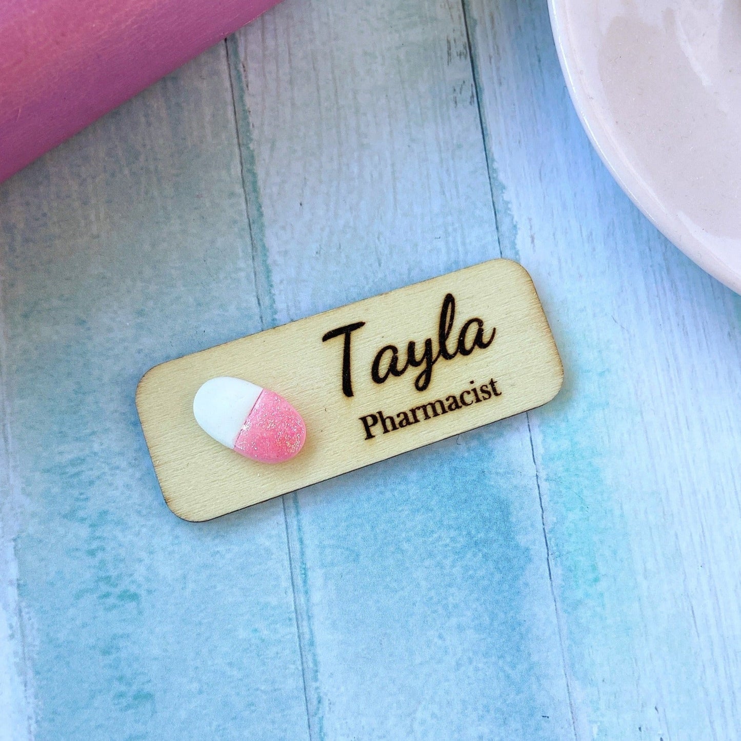 Handmade Glitter 3D Pill Personalized Name Tag Badge - Pink