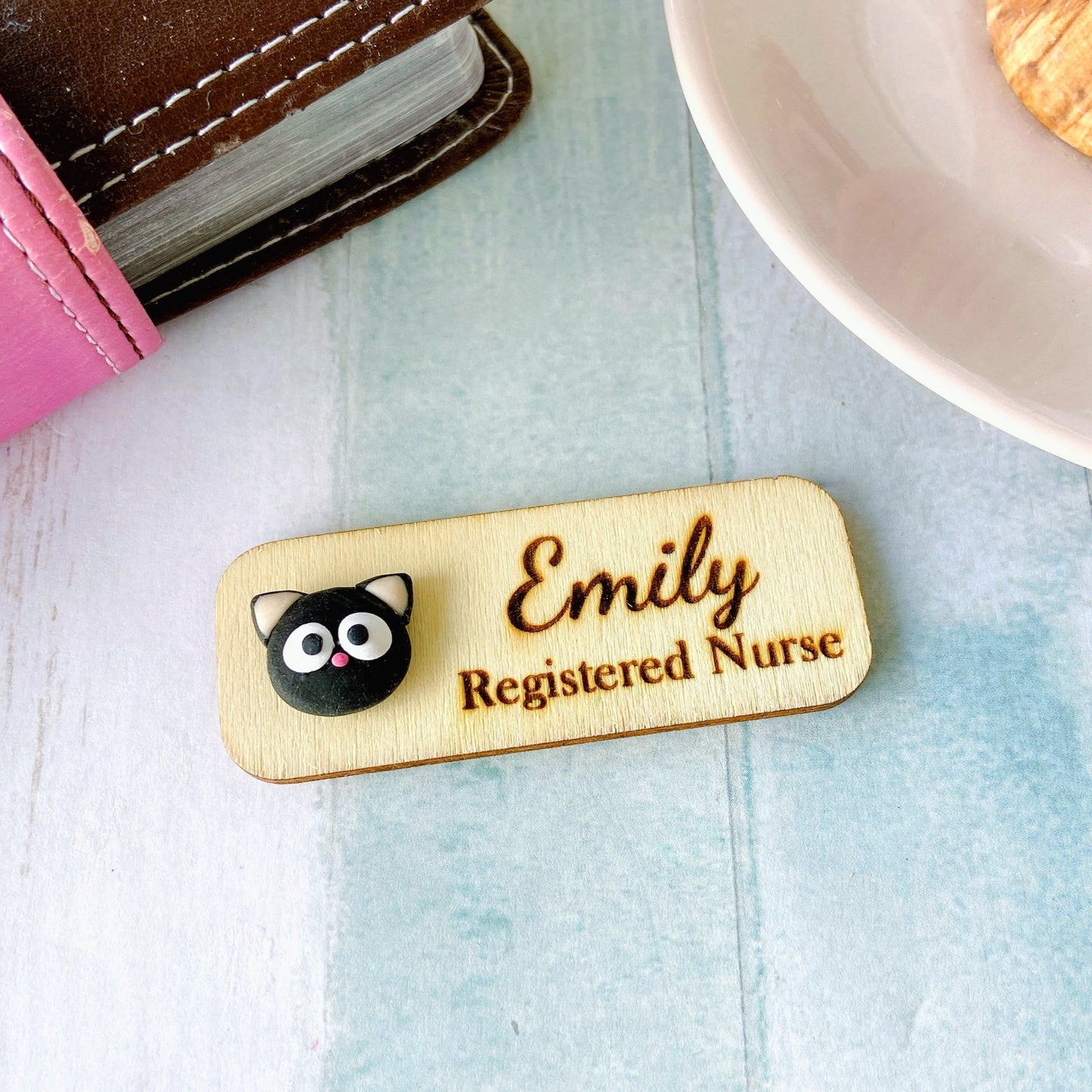 Animals Handmade 3D Personalized Wooden Name Tag Badge - Black Cat