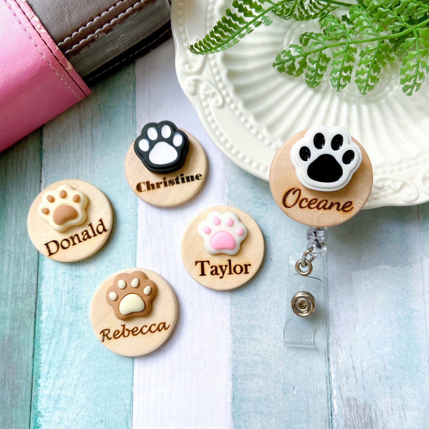 Animals Paw Handmade 3D Personalized Wooden Name Badge Reel - Black Paw