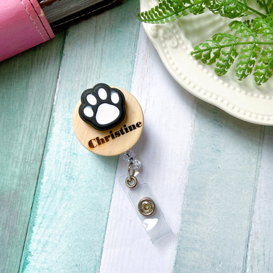 Animals Paw Handmade 3D Personalized Wooden Name Badge Reel - Black Paw