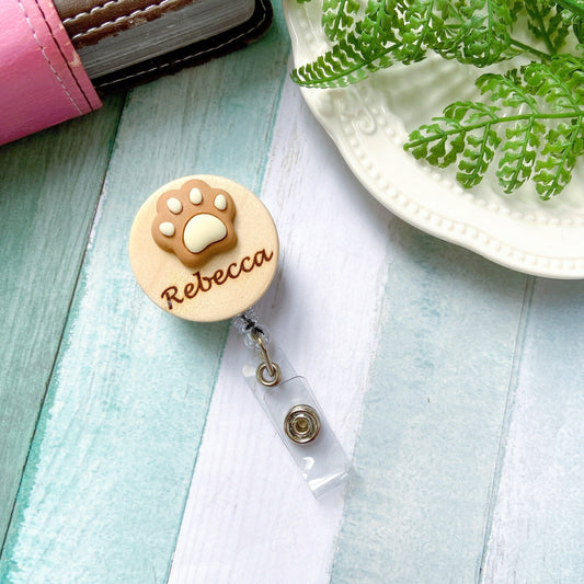 Animals Paw Handmade 3D Personalized Wooden Name Badge Reel - Brown Paw