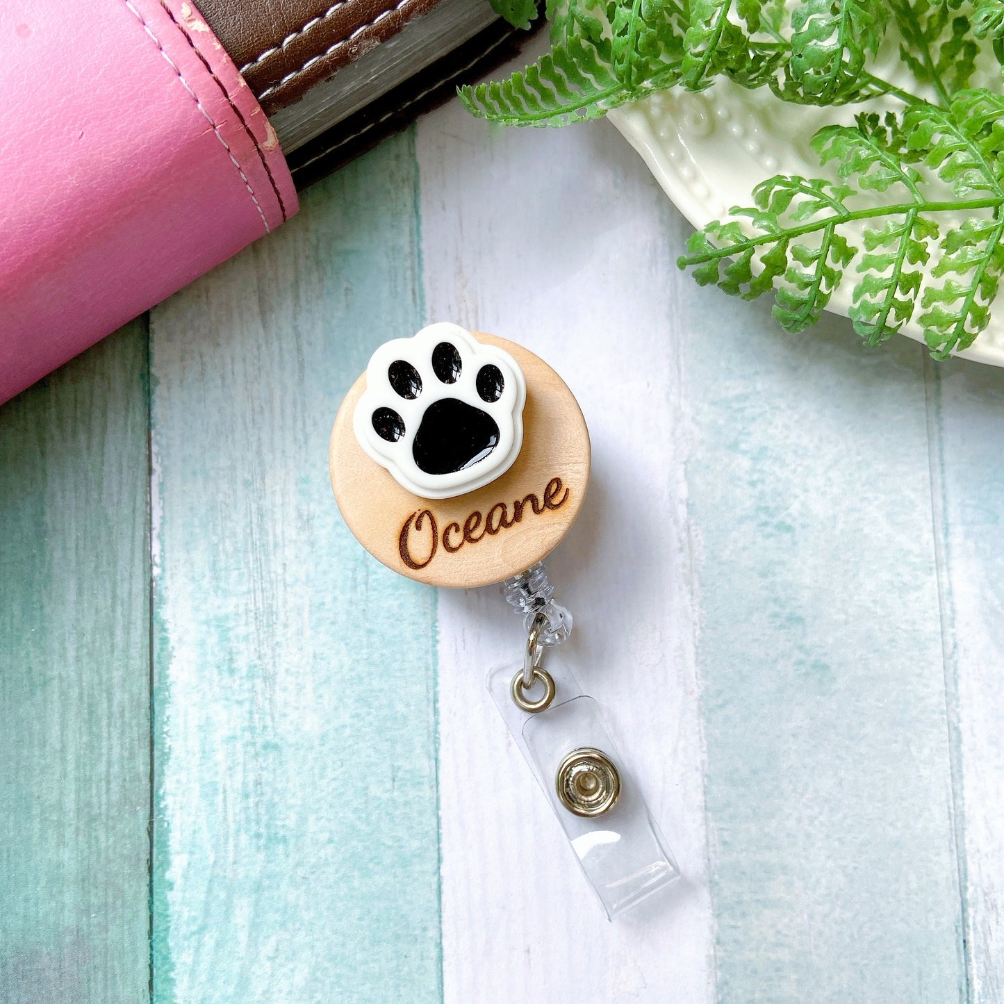 Animals Paw Handmade 3D Personalized Wooden Name Badge Reel - Black Paw