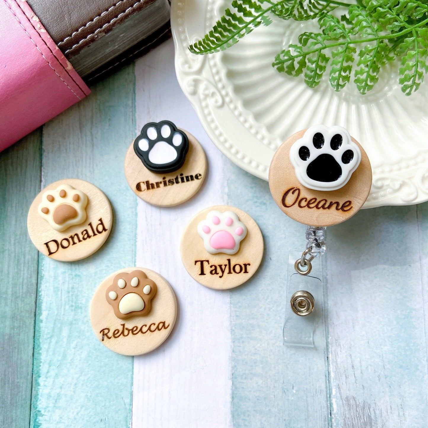 Animals Paw Handmade 3D Personalized Wooden Name Badge Reel - Brown Paw