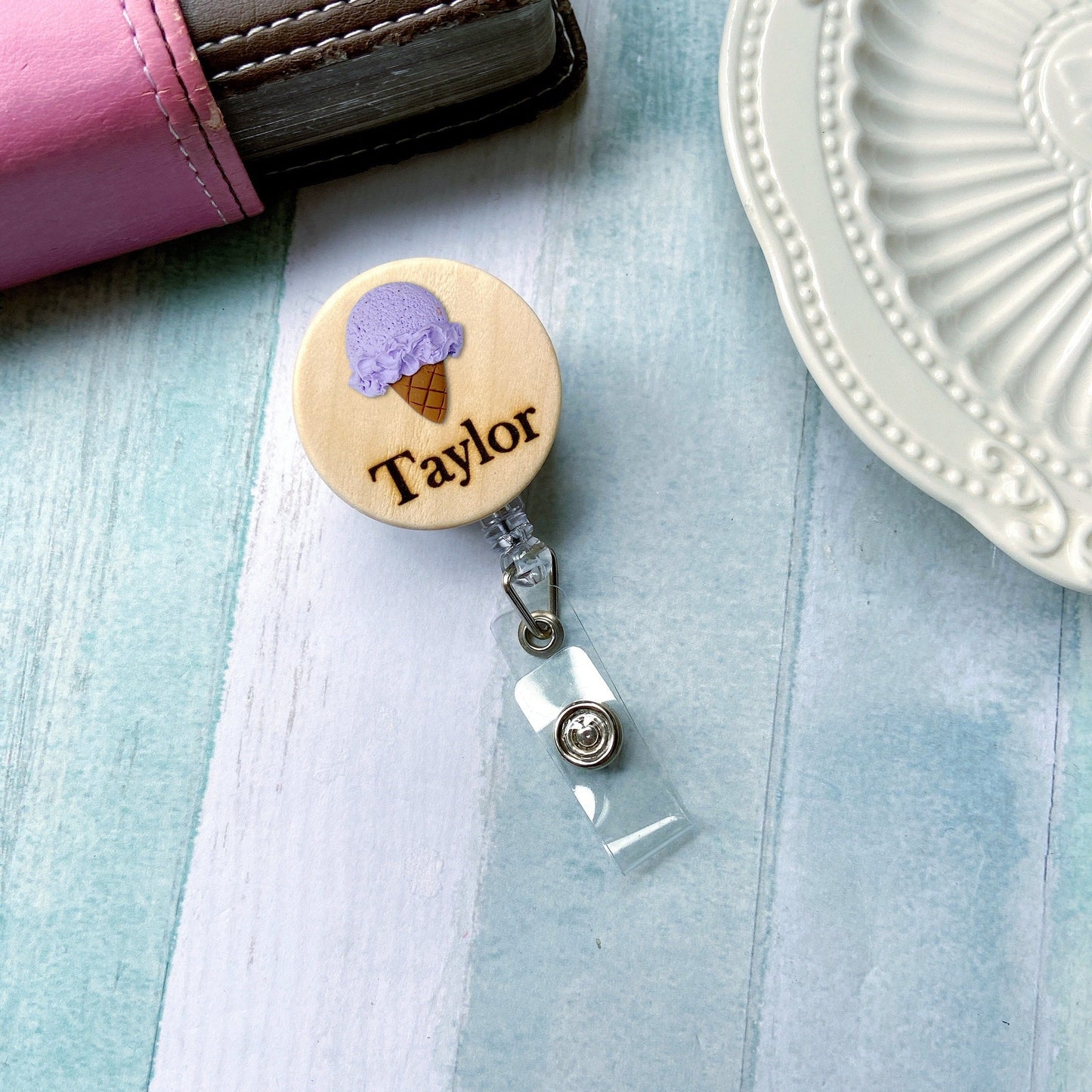 Ice Cream Handmade 3D Personalized Wooden Name Badge Reel - Taro (Lavender)