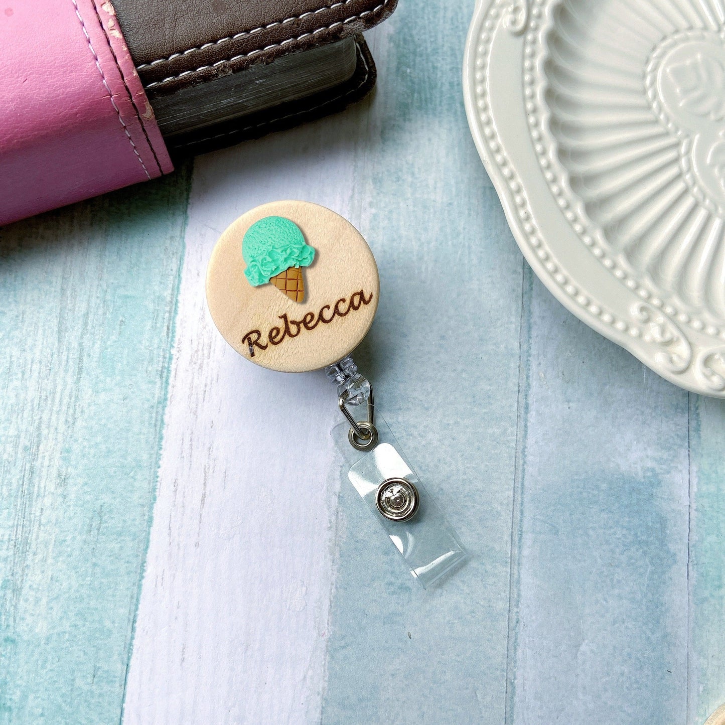 Ice Cream Handmade 3D Personalized Wooden Name Badge Reel - Vanilla (Ivory)