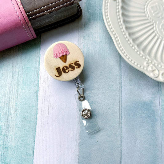 Ice Cream Handmade 3D Personalized Wooden Name Badge Reel - Strawberry (Pink)