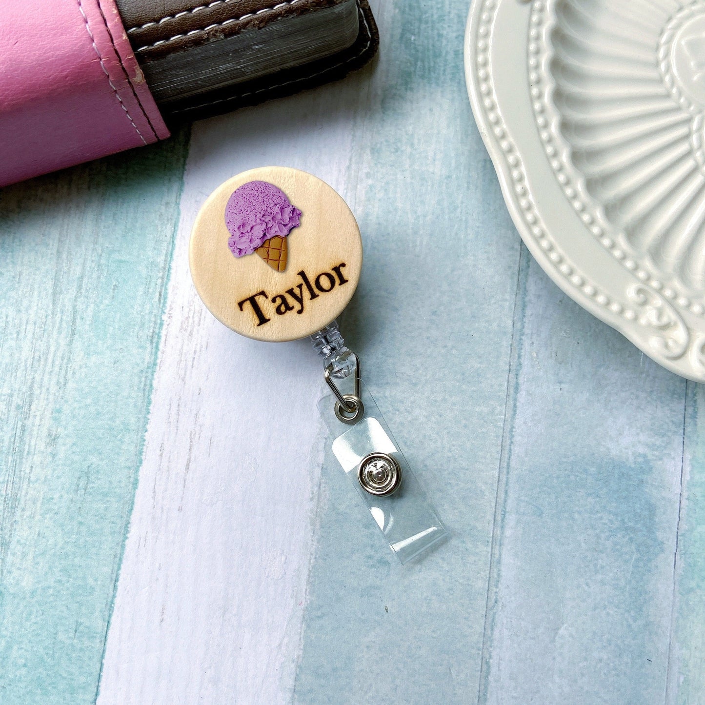 Ice Cream Handmade 3D Personalized Wooden Name Badge Reel - Taro (Lavender)