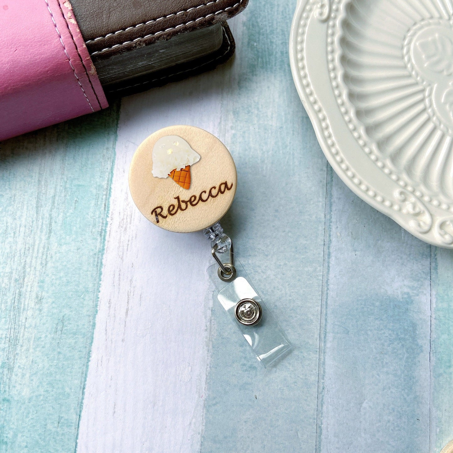 Ice Cream Handmade 3D Personalized Wooden Name Badge Reel - Taro (Lavender)