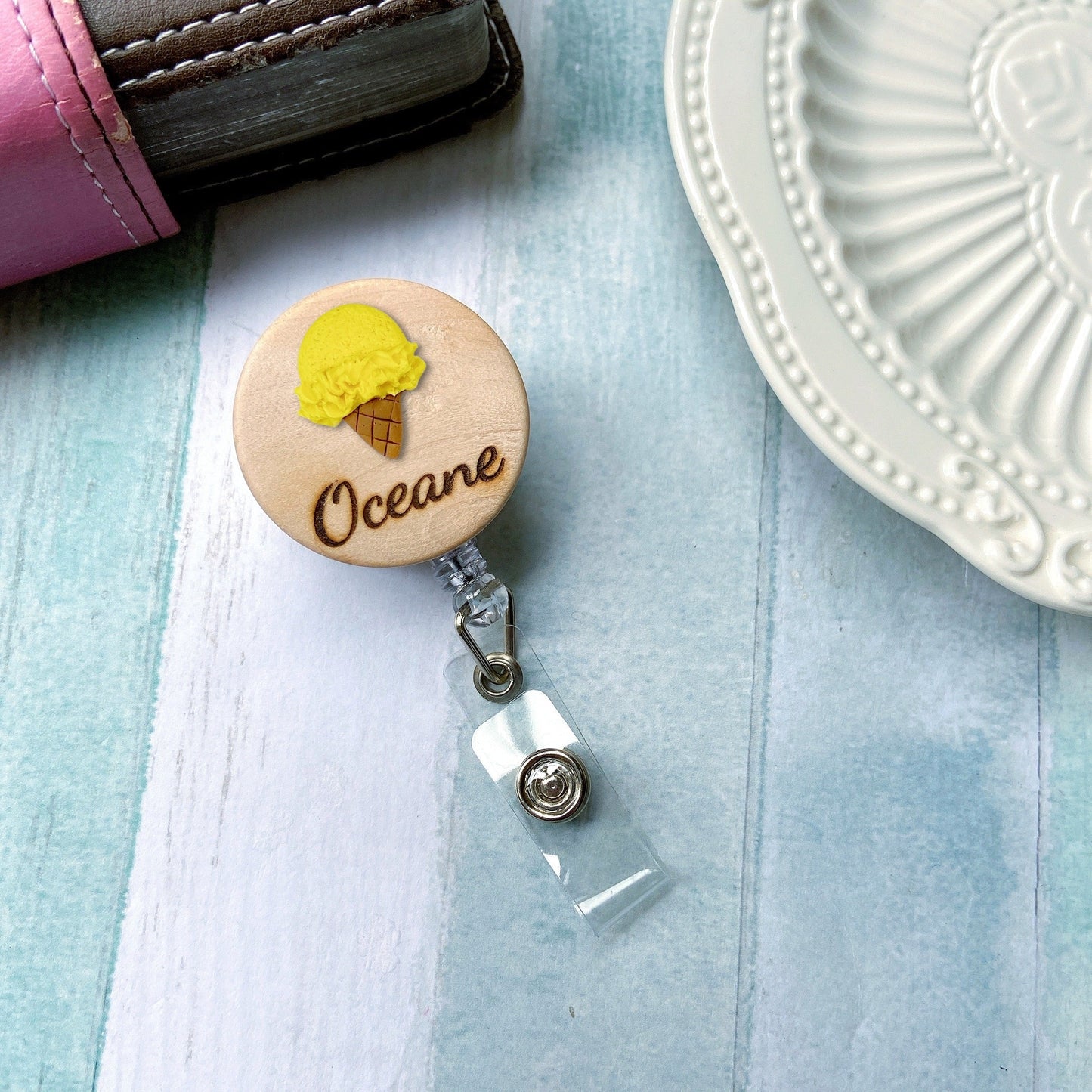 Ice Cream Handmade 3D Personalized Wooden Name Badge Reel - Vanilla (Ivory)