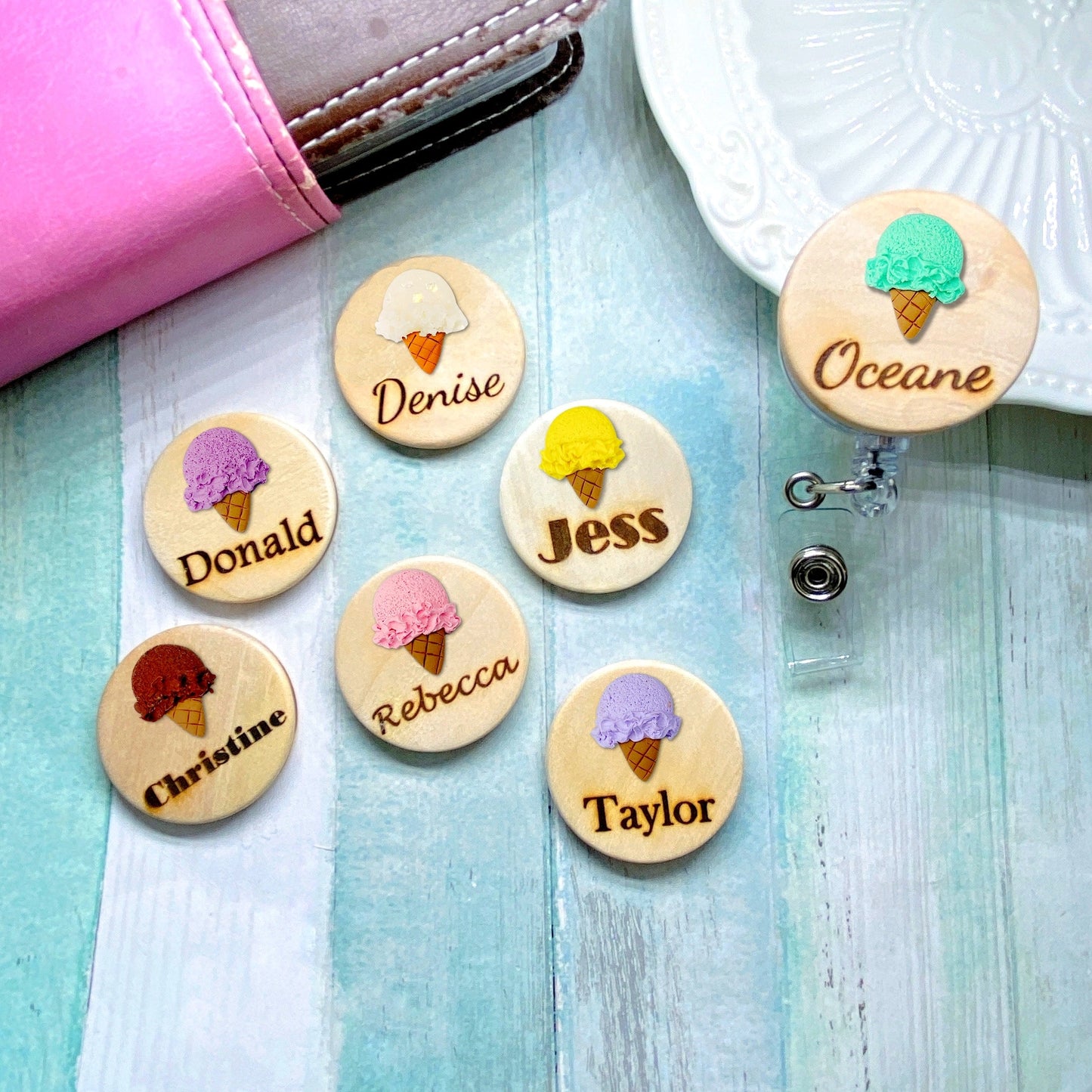 Ice Cream Handmade 3D Personalized Wooden Name Badge Reel - Vanilla (Ivory)