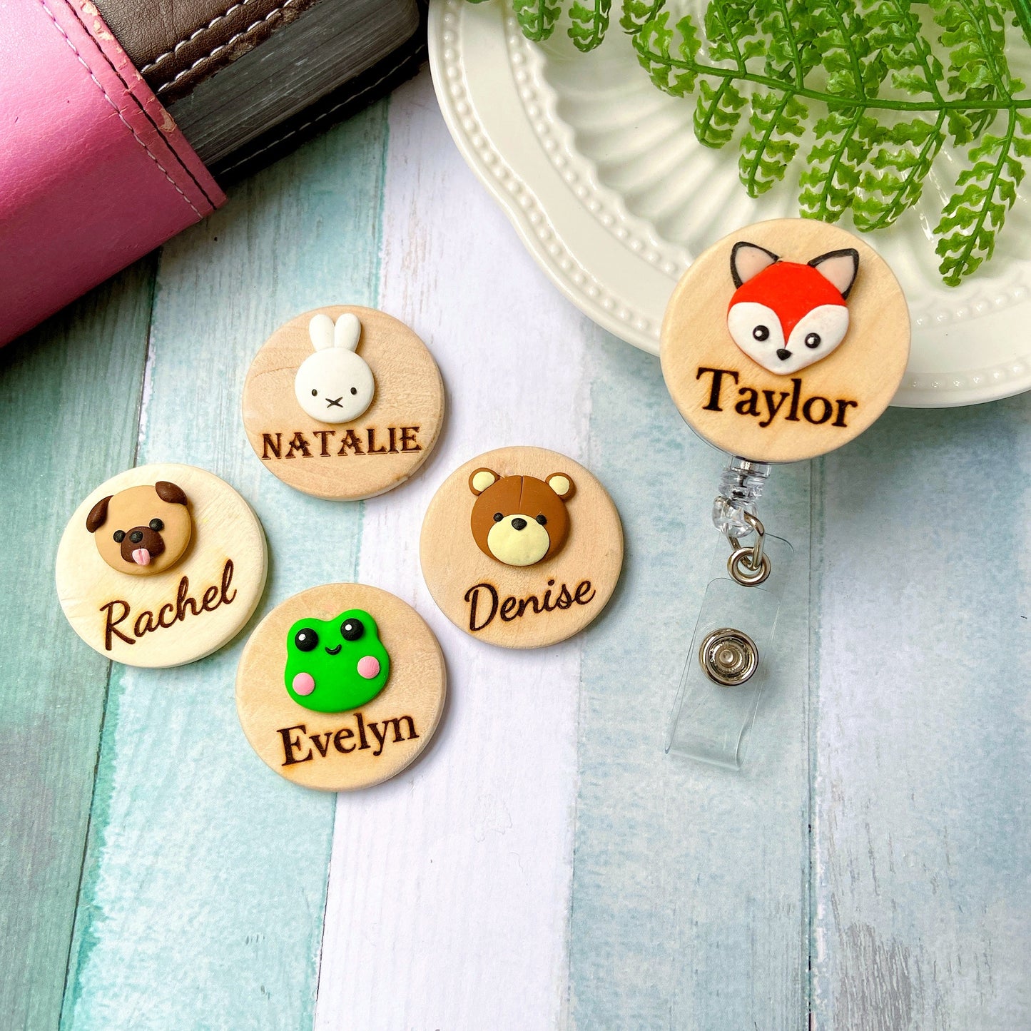 Adorable 3D Animals Personalized Wooden Name Badge Reel - Fox