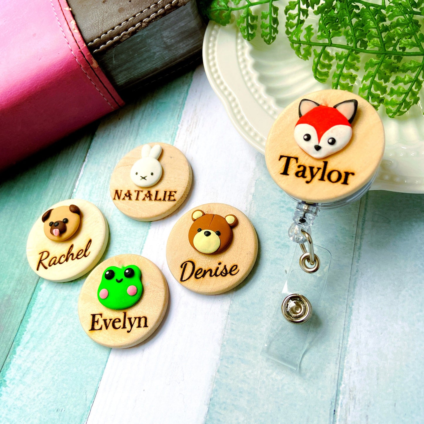 Adorable 3D Animals Personalized Wooden Name Badge Reel - Fox