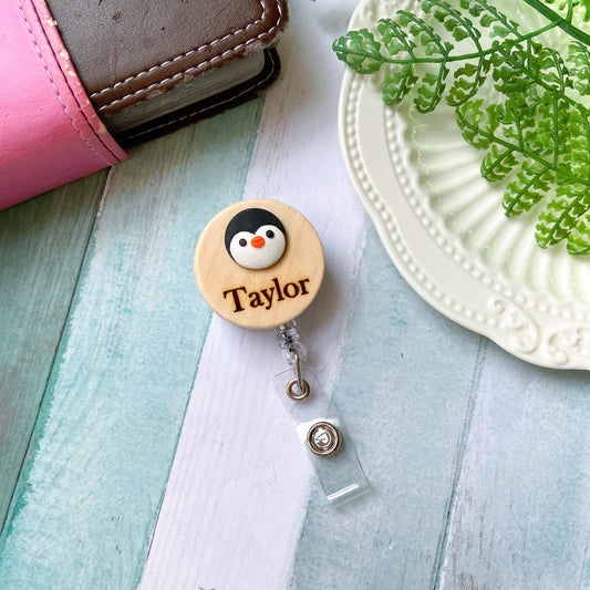 Adorable Penguin Handmade Personalized Name Badge Reel - Black