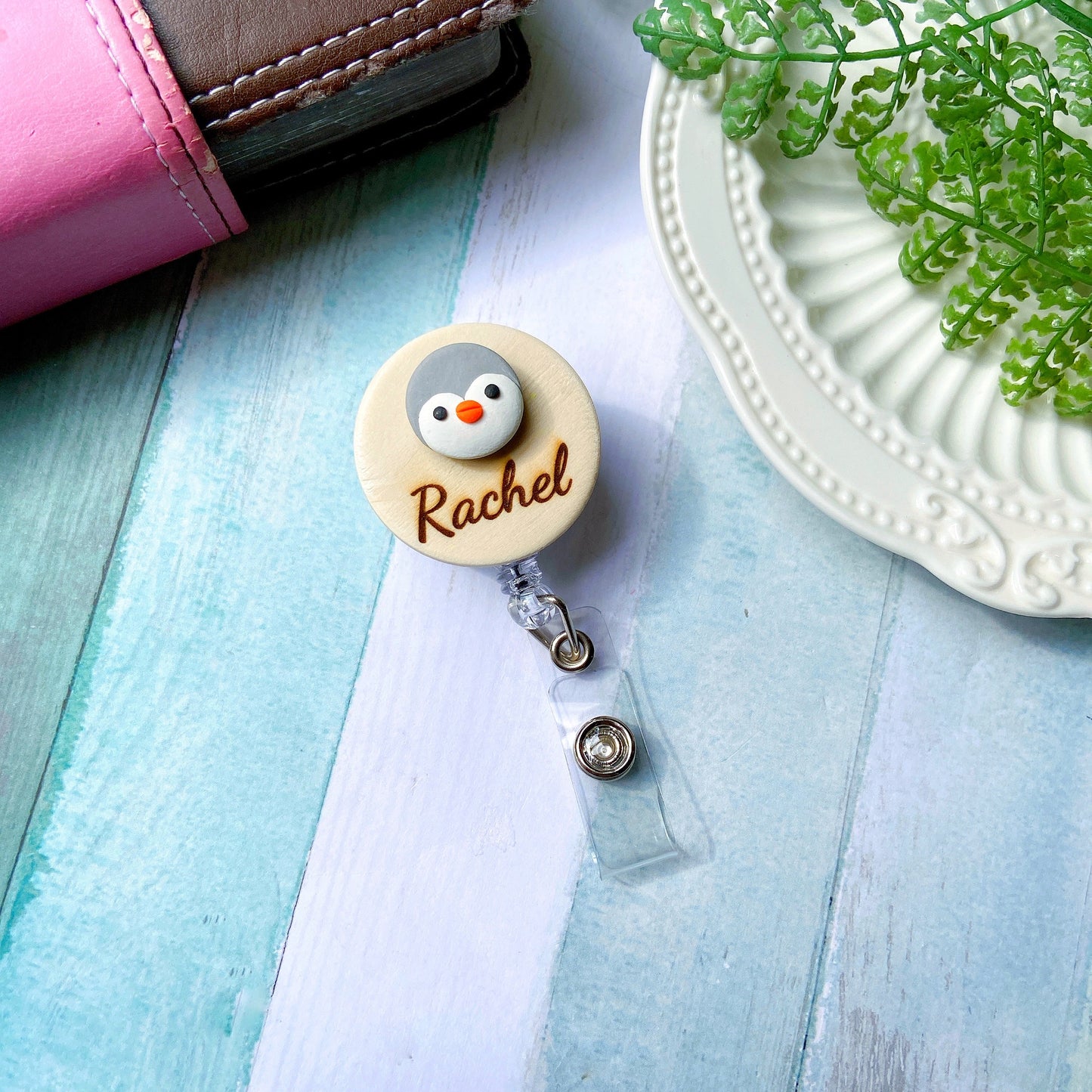 Adorable Penguin Handmade Personalized Name Badge Reel - Black