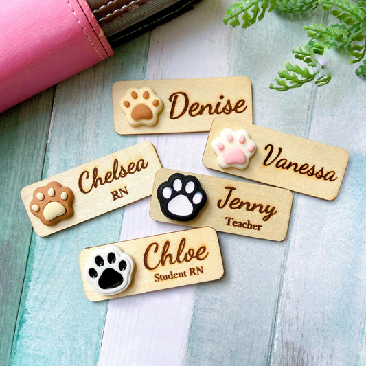 Animals Paw Handmade Personalized 3D Wooden Name Tag - Black Paw