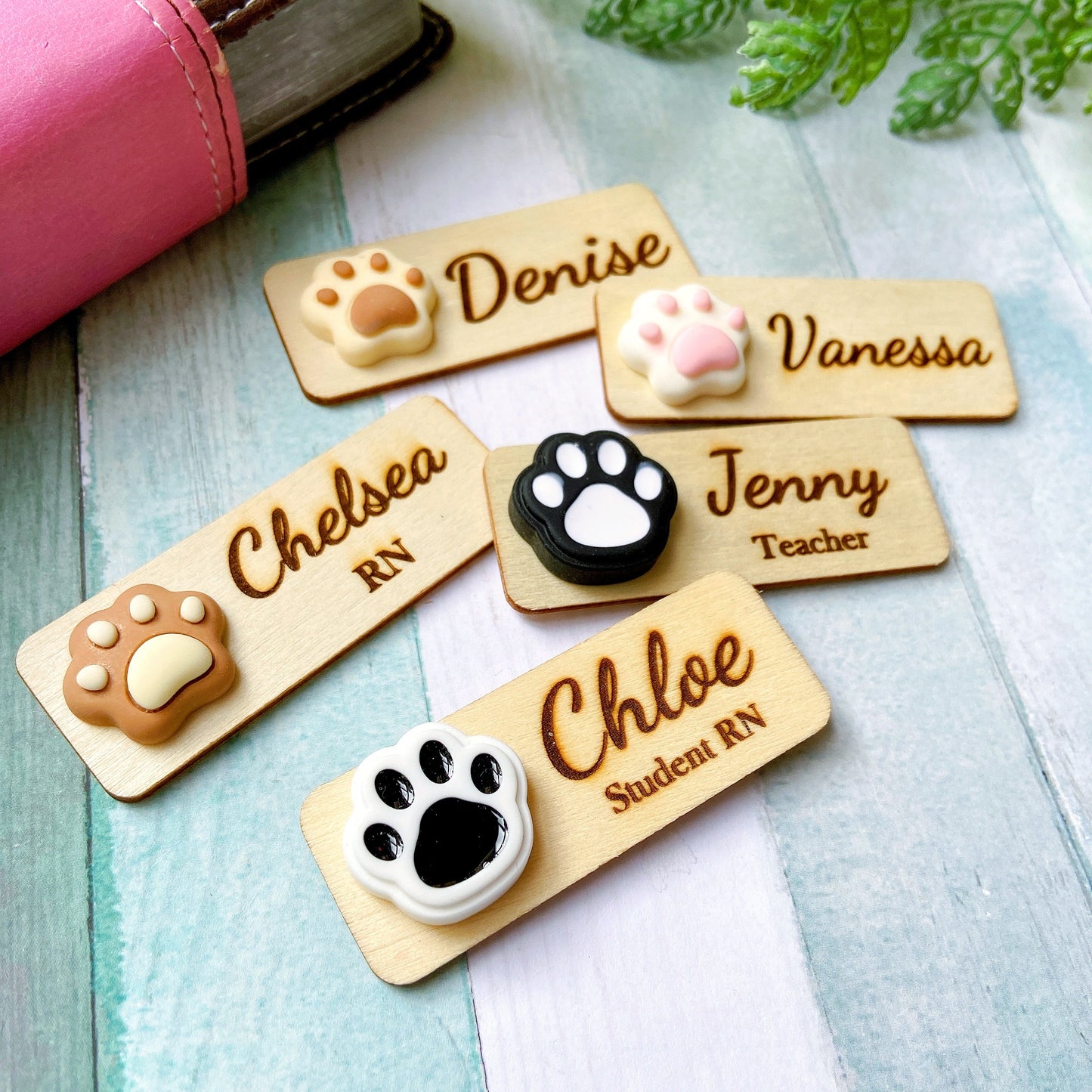 Animals Paw Handmade Personalized 3D Wooden Name Tag - Black Paw