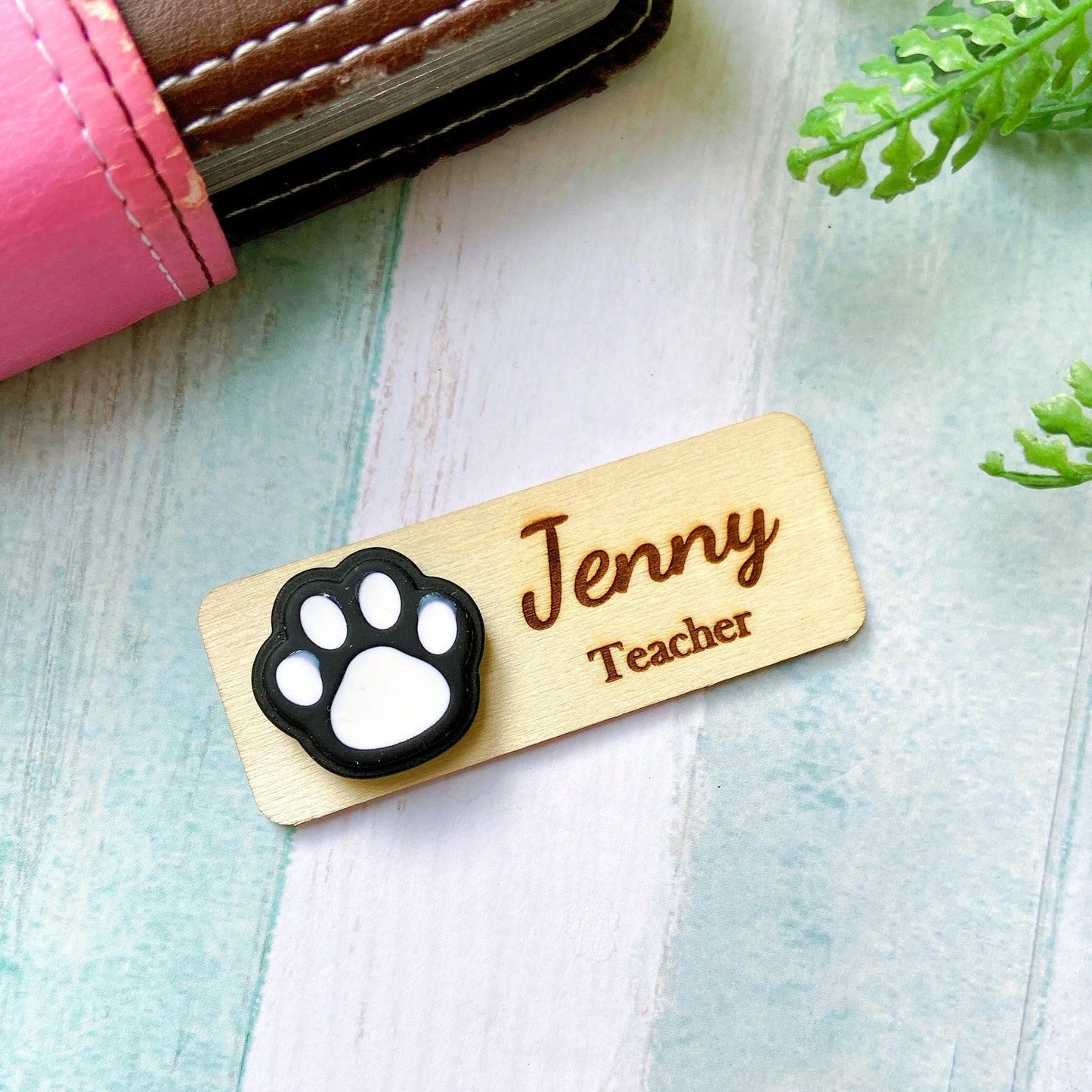 Animals Paw Handmade Personalized 3D Wooden Name Tag - Black Paw