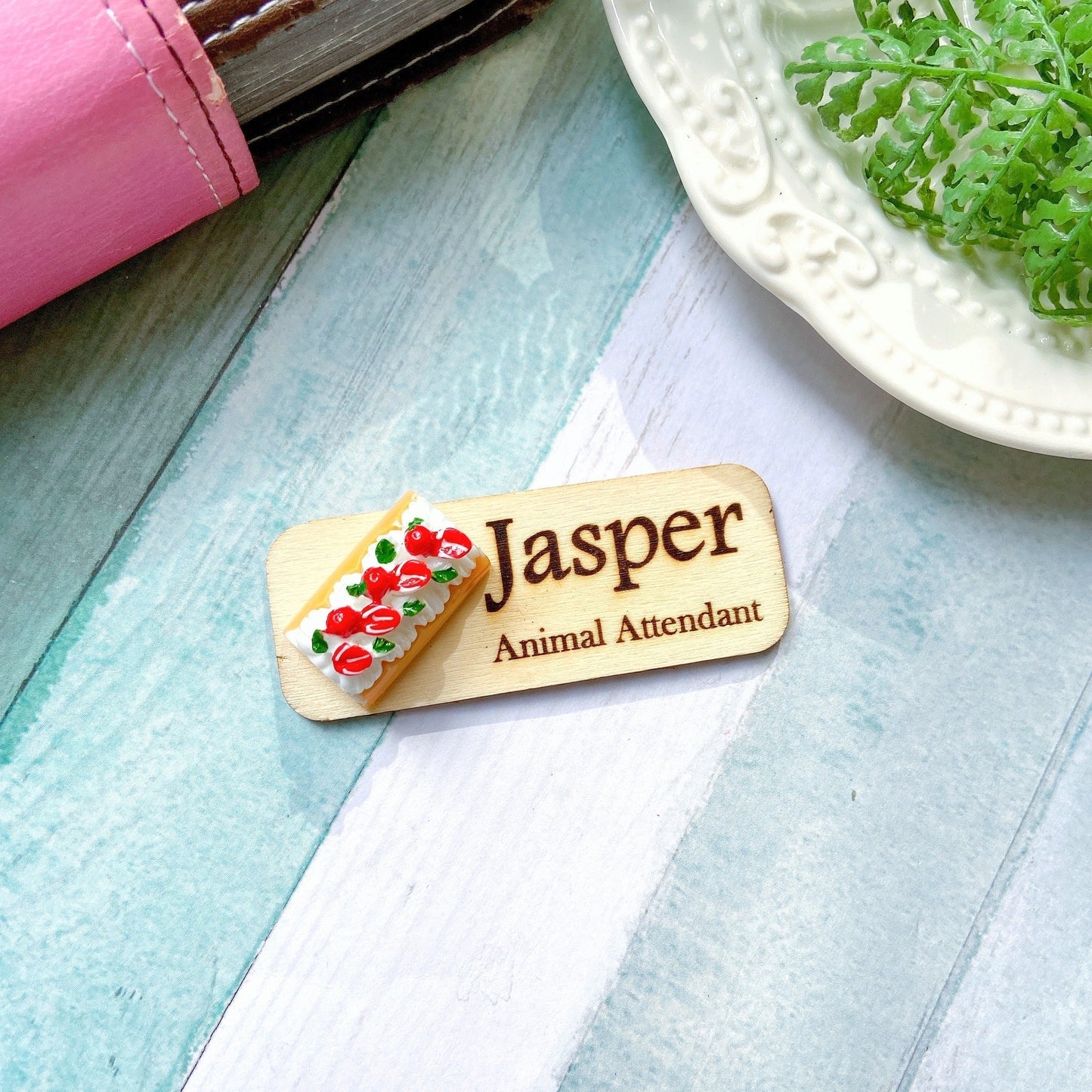 Food And Dessert Handmade Personalized 3D Wooden Name Tag Badge - Cherry Cake Roll