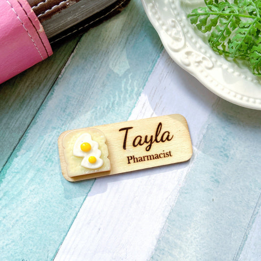 Food And Dessert Handmade Personalized 3D Wooden Name Tag Badge - Egg Toast