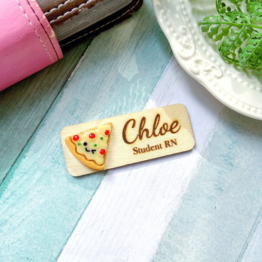 Food And Dessert Handmade Personalized 3D Wooden Name Tag Badge - Pizza