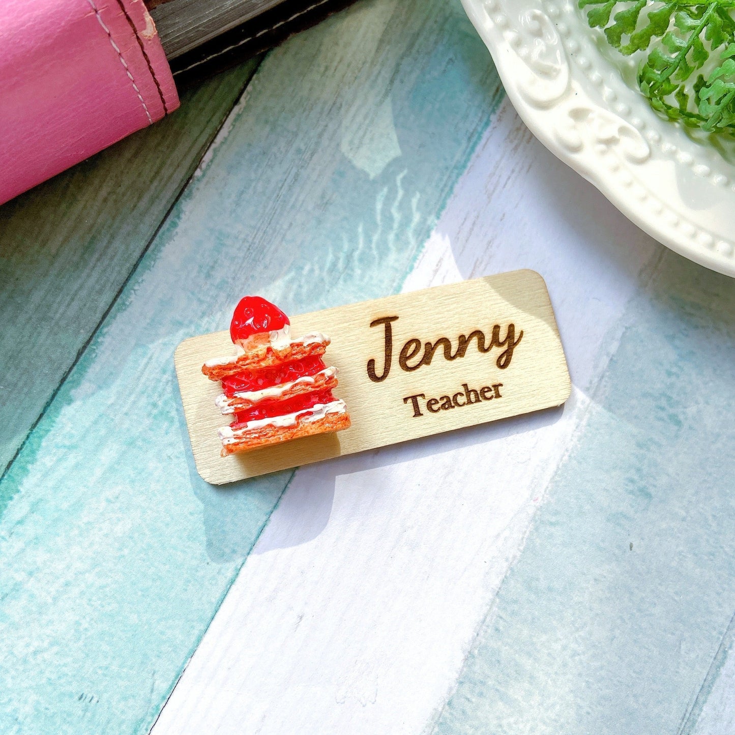 Food And Dessert Handmade Personalized 3D Wooden Name Tag Badge - Cherry Cake Roll