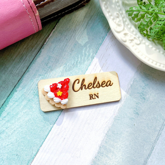 Food And Dessert Handmade Personalized 3D Wooden Name Tag Badge - Strawberry Cake