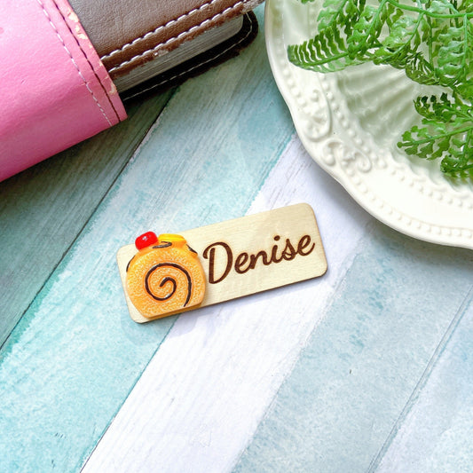 Food And Dessert Handmade Personalized 3D Wooden Name Tag Badge - Swiss Roll