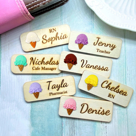 Handmade 3D Ice Cream Personalized Wooden Name Tag Badge - Chocolate (Brown)