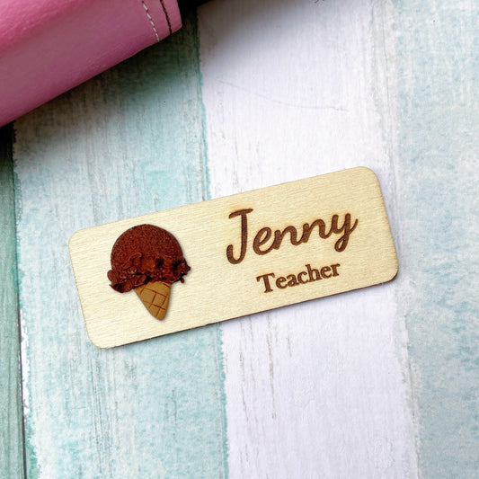 Handmade 3D Ice Cream Personalized Wooden Name Tag Badge - Chocolate (Brown)