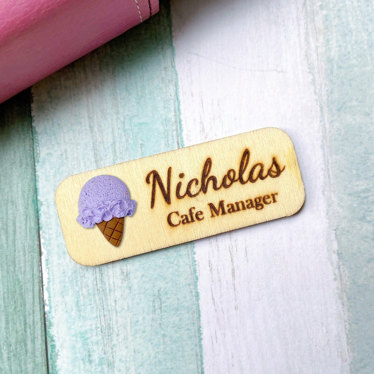 Handmade 3D Ice Cream Personalized Wooden Name Tag Badge - Chocolate (Brown)