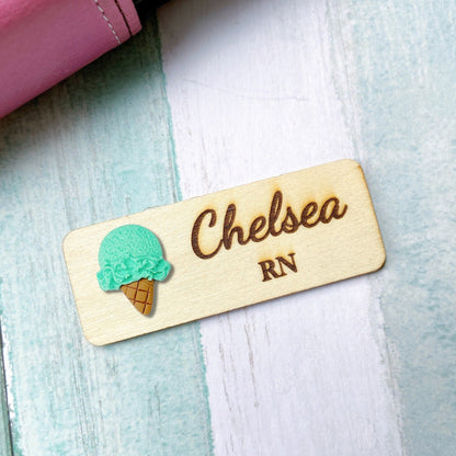 Handmade 3D Ice Cream Personalized Wooden Name Tag Badge - Chocolate (Brown)